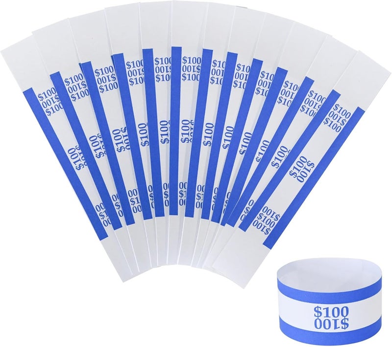 Essential 100Pcs Currency Straps - Bill Wrappers, Money Bands to Organize Bills, ABA Standard Colors, Self-Adhesive, 7.5 x 1.15 Inches ($100 / Blue) - Image 1
